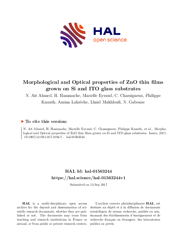 (PDF) Morphological and optical properties of ZnO thin films grown on ...