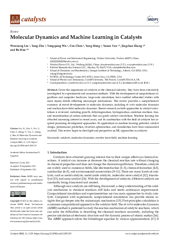 (PDF) Molecular Dynamics and Machine Learning in Catalysts