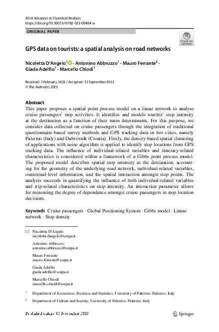 First page of “GPS data on tourists: a spatial analysis on road networks”