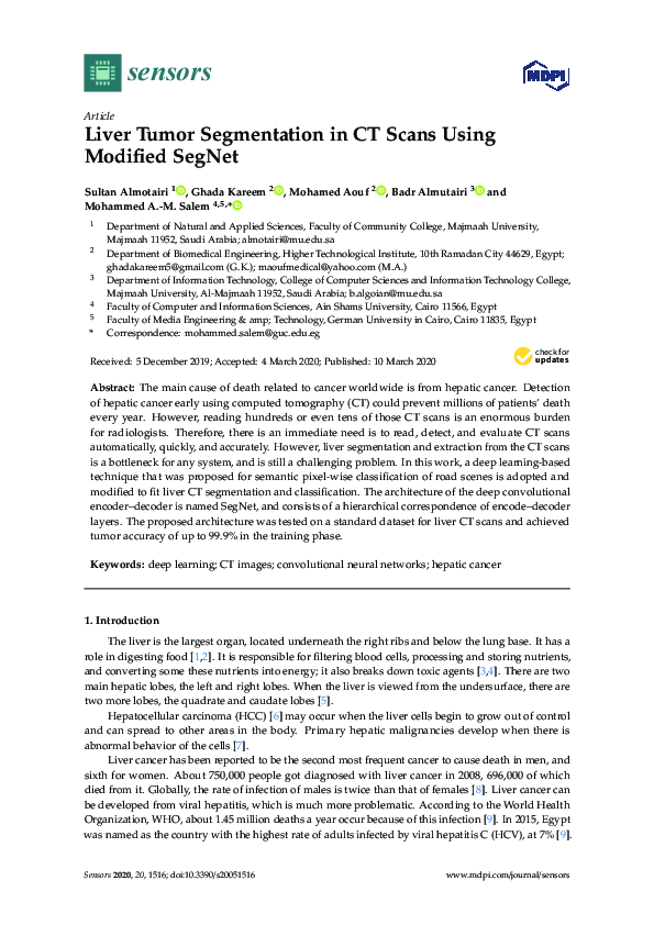 (PDF) Liver Tumor Segmentation in CT Scans Using Modified SegNet