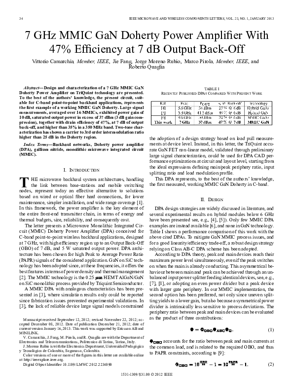 (PDF) 7 GHz MMIC GaN Doherty Power Amplifier With 47% Efficiency at 7 ...