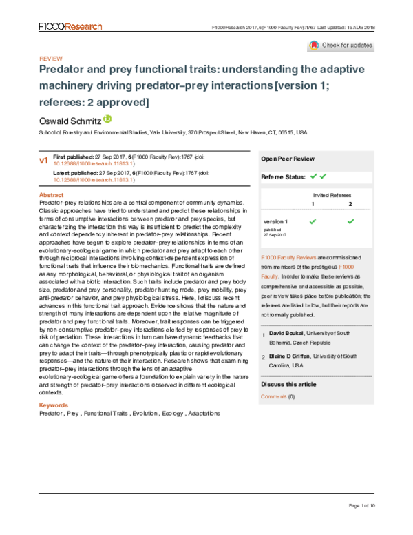 (PDF) Predator and prey functional traits: understanding the adaptive ...