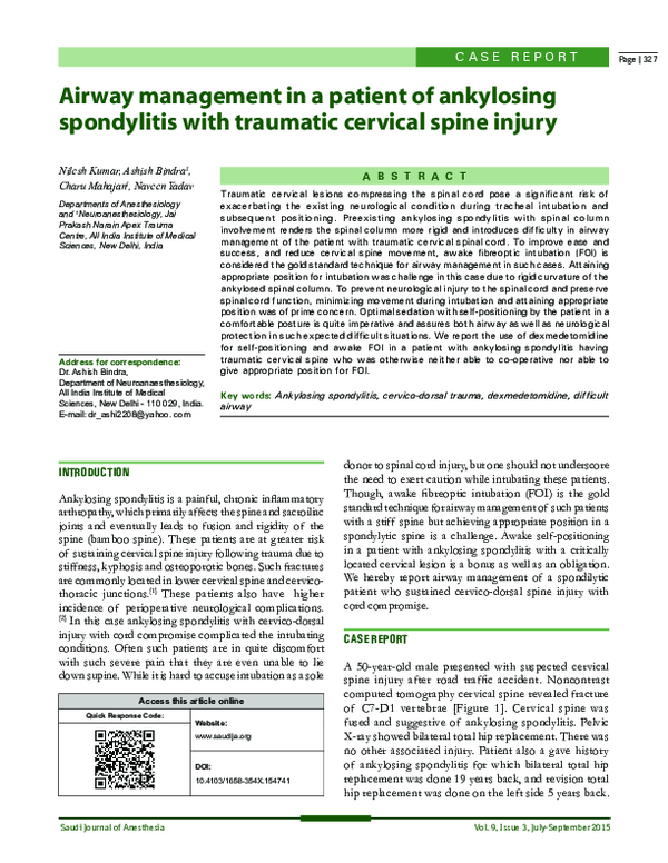 (PDF) Airway management in a patient of ankylosing spondylitis with ...