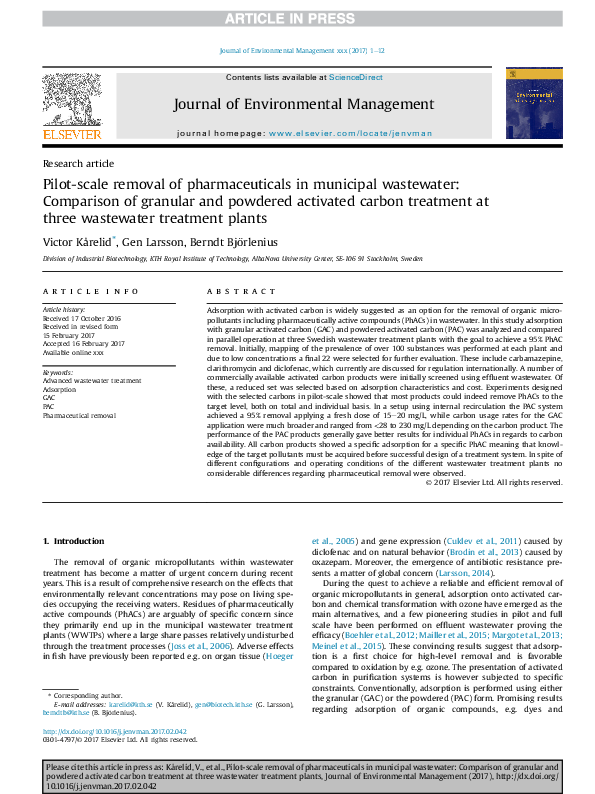 (PDF) Pilot-scale removal of pharmaceuticals in municipal wastewater ...
