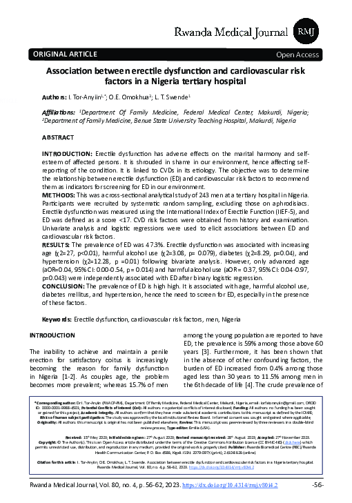 (PDF) Association between erectile dysfunction and cardiovascular risk ...