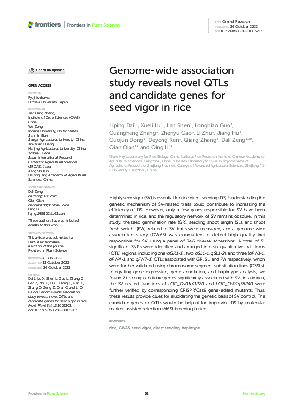 (PDF) Genome-wide association study reveals novel QTLs and candidate ...