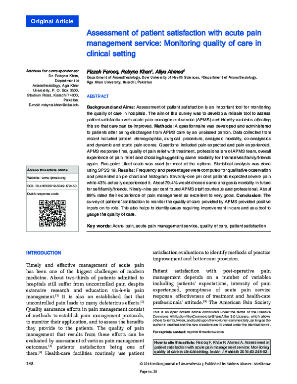 (PDF) Assessment of patient satisfaction with acute pain management ...