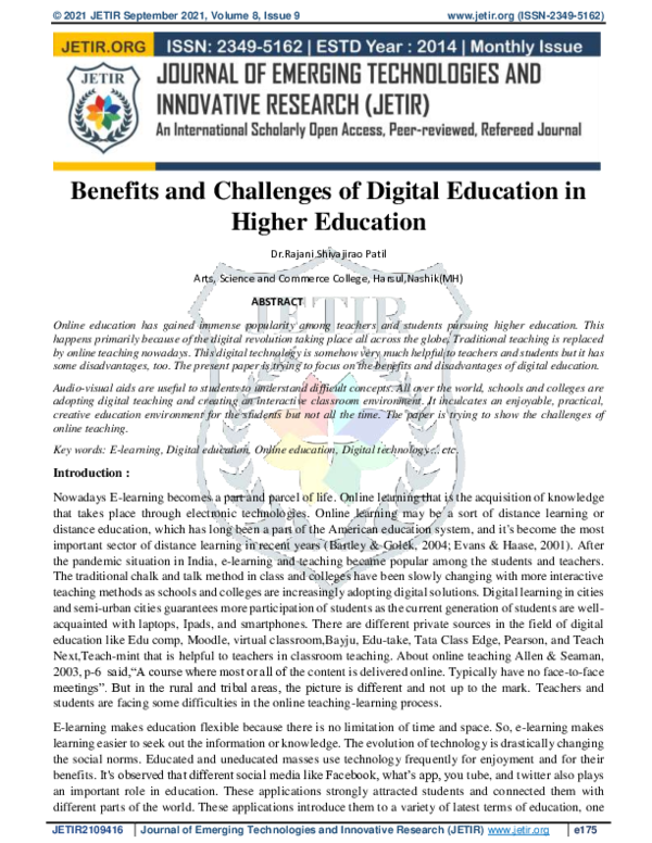 (PDF) Benefits and Challenges of Digital Education in Higher Education