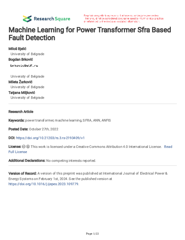 (PDF) Machine Learning for Power Transformer Sfra Based Fault Detection