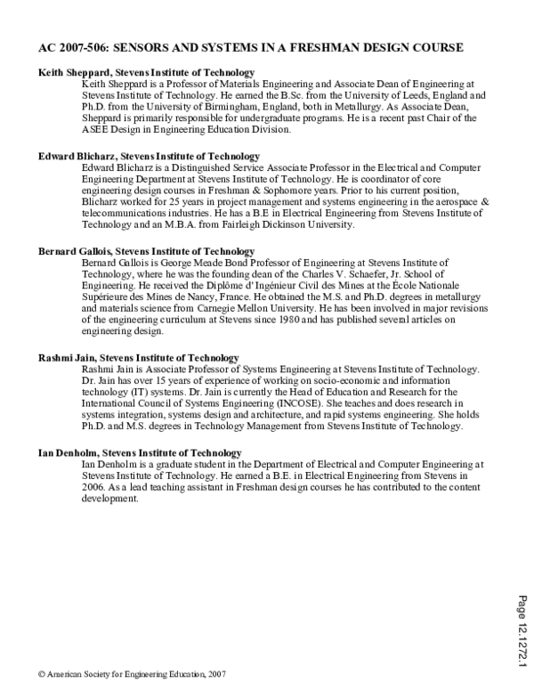 (PDF) Sensors And Systems In A Freshman Design Course