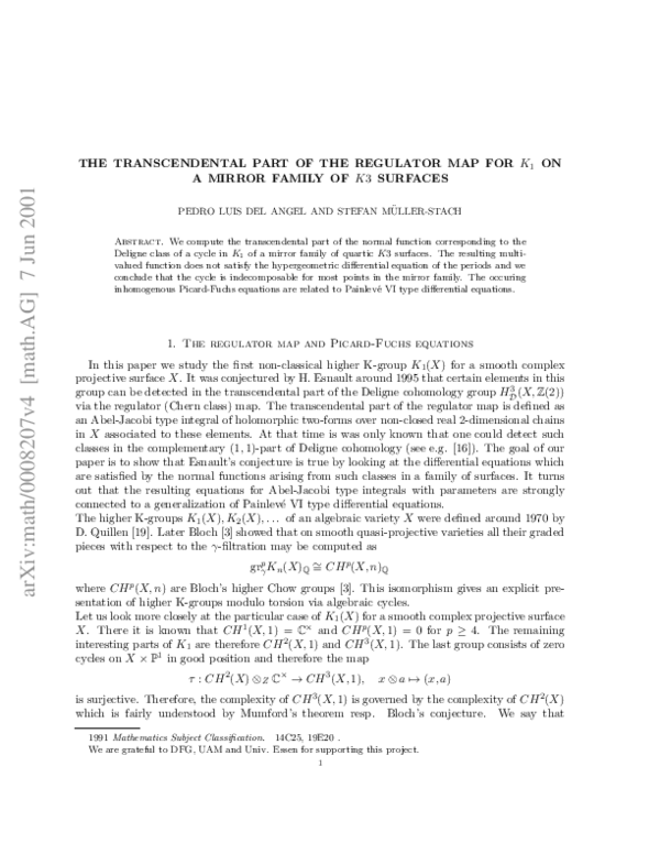 (PDF) The transcendental part of the regulator map forK1 on a mirror ...