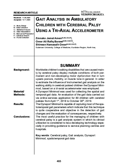 (PDF) Gait Analysis in Ambulatory Children with Cerebral Palsy Using a ...