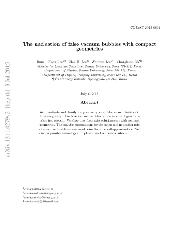 (PDF) The nucleation of false vacuum bubbles with compact geometries