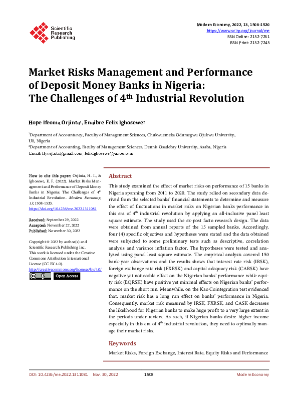 (PDF) Market Risks Management and Performance of Deposit Money Banks in ...