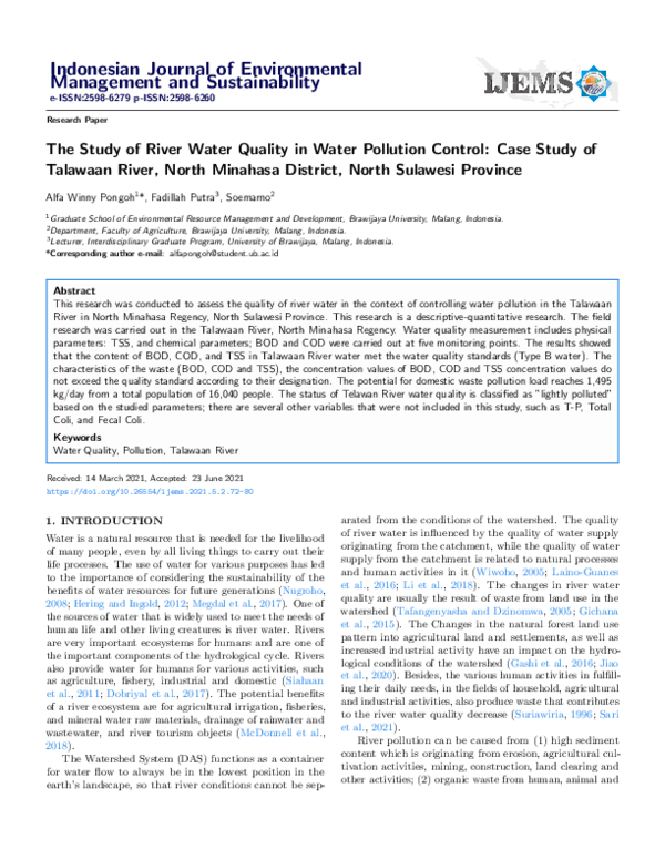 (PDF) The Study of River Water Quality in Water Pollution Control: Case ...