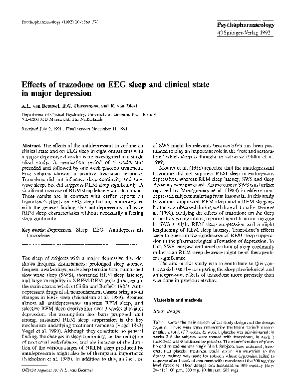 First page of “Effects of trazodone on EEG sleep and clinical state in major depression”
