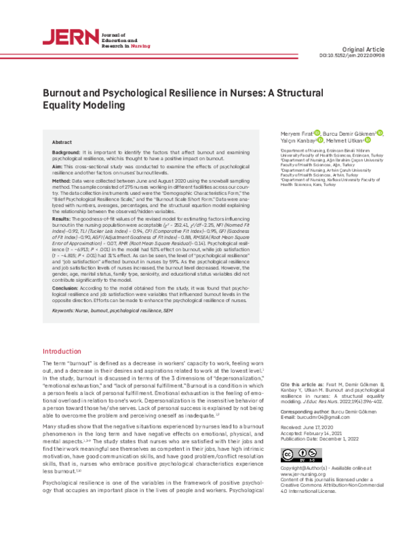 (PDF) Burnout and Psychological Resilience in Nurses: A Structural ...