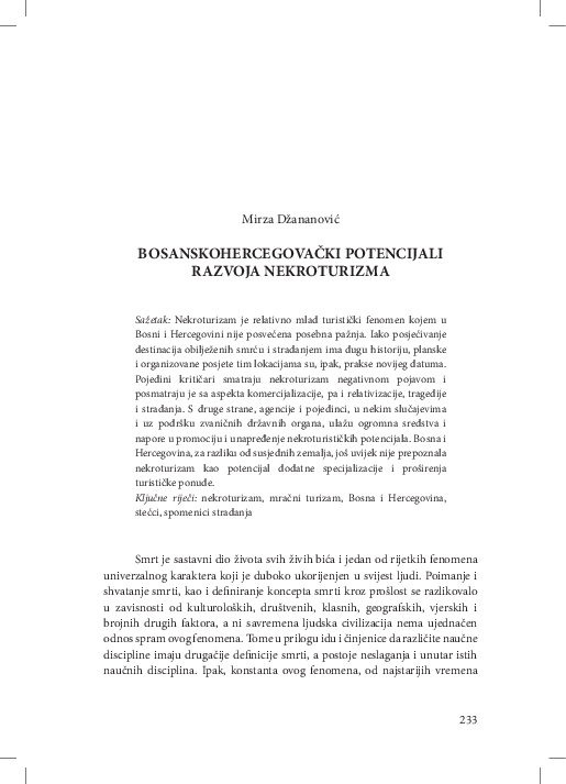 First page of “BOSANSKOHERCEGOVACKI POTENCIJALI RAZVOJA NEKROTURIZMA”