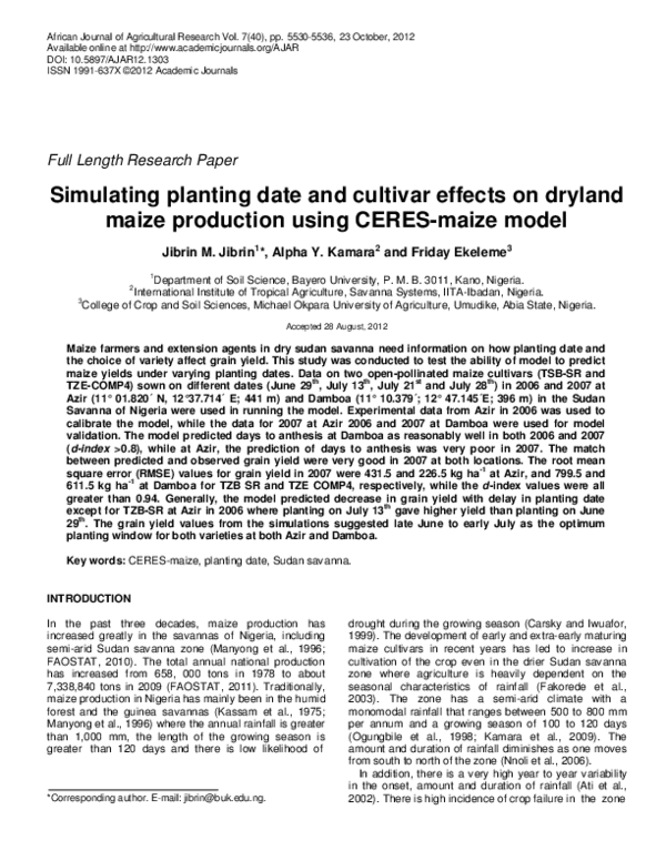 (PDF) Simulating planting date and cultivar effects on dryland maize ...