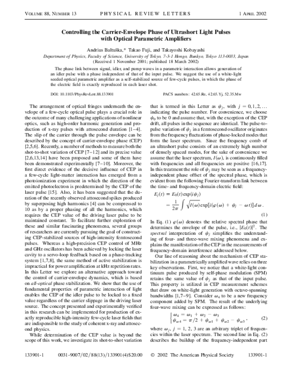 (PDF) Controlling the Carrier-Envelope Phase of Ultrashort Light Pulses ...