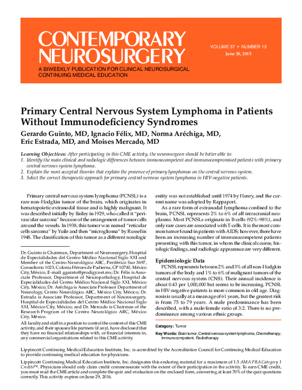 (PDF) Primary central nervous system lymphoma in a patient treated with ...