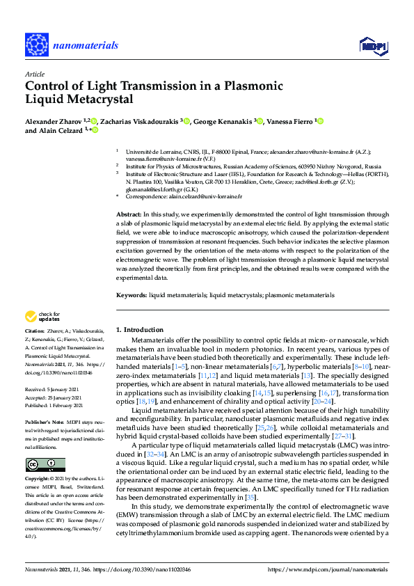 (PDF) Control of Light Transmission in a Plasmonic Liquid Metacrystal