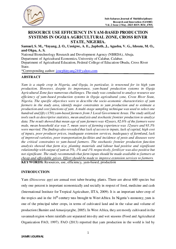 (PDF) RESOURCE USE EFFICIENCY IN YAM-BASED PRODUCTION SYSTEMS IN OGOJA ...