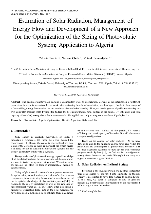 (PDF) Estimation of Solar Radiation, Management of Energy Flow and ...