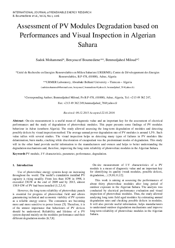 (PDF) Assessment of PV Modules Degradation based on Performances and ...
