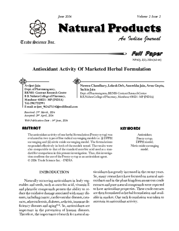 (PDF) Antioxidant Activity Of Marketed Herbal Formulation