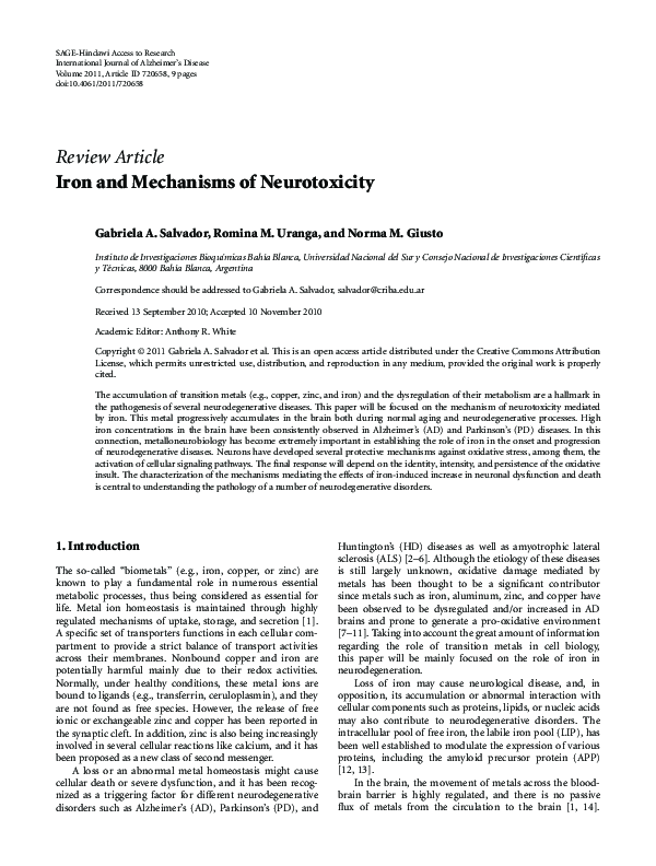 (PDF) Iron and Mechanisms of Neurotoxicity