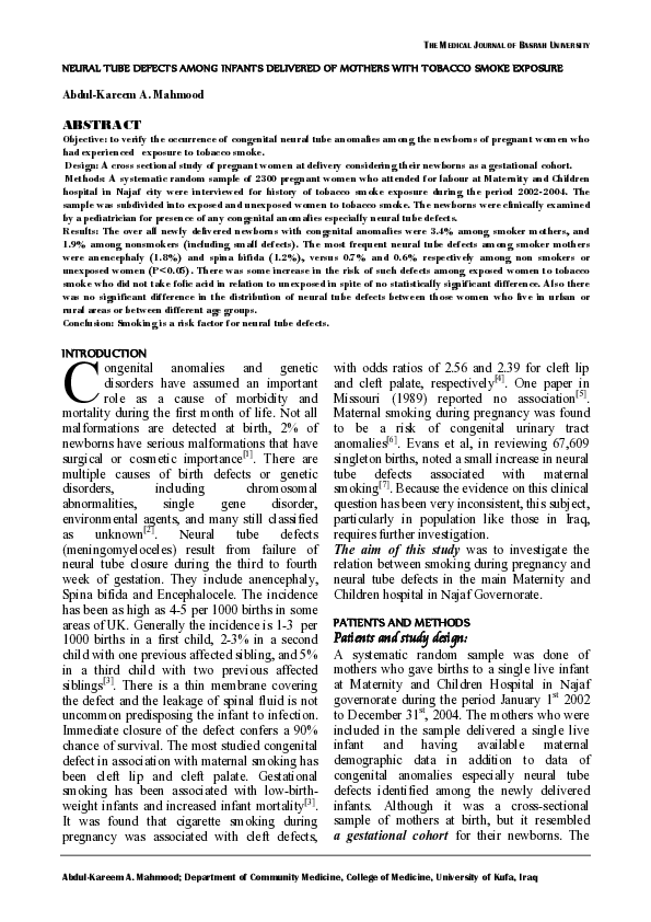 (PDF) Neural Tube Defects Among Infants Delivered of Mothers with ...