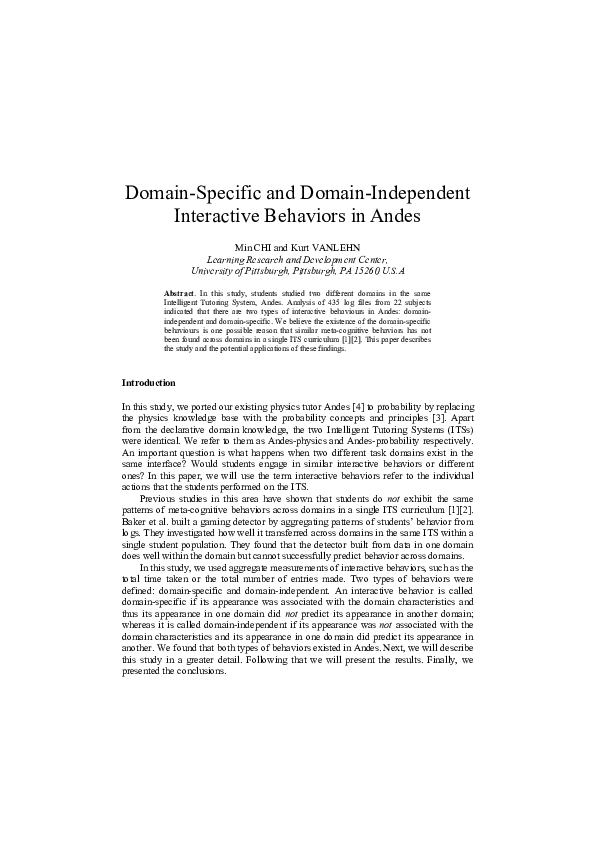 (PDF) Domain-Specific and Domain-Independent Interactive Behaviors in Andes