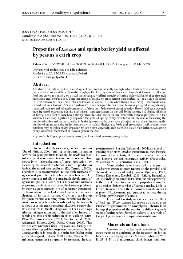 (PDF) Properties of Luvisol and spring barley yield as affected by peas ...