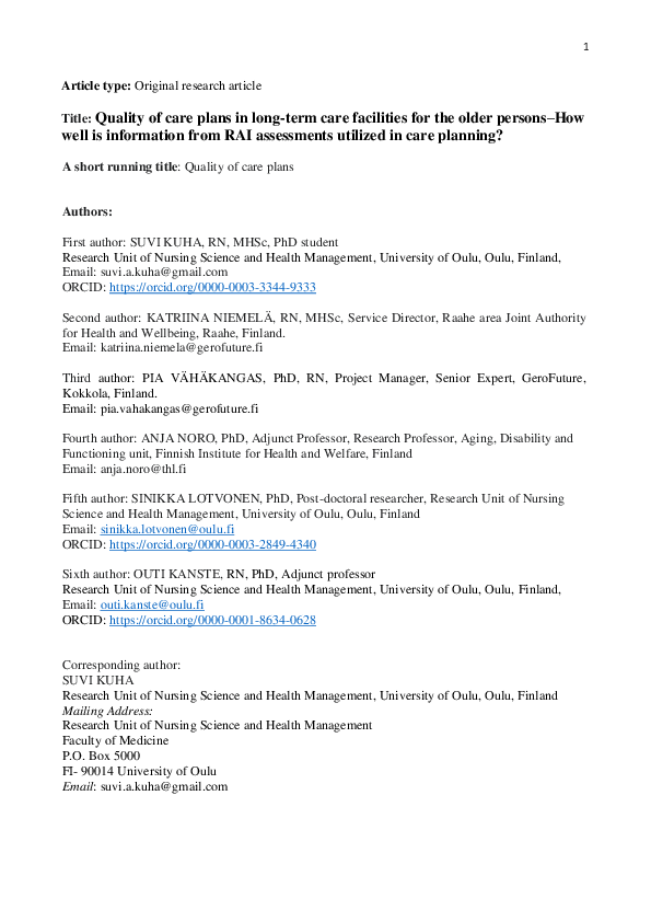 (PDF) Quality of care plans in long‐term care facilities for the older ...