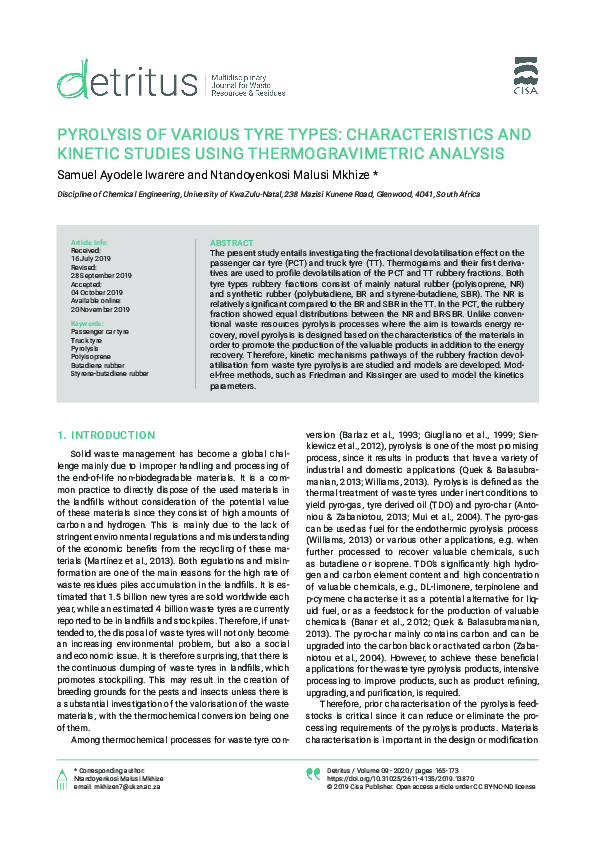 (PDF) Pyrolysis of Various Tyre Types: Characteristics and Kinetic ...