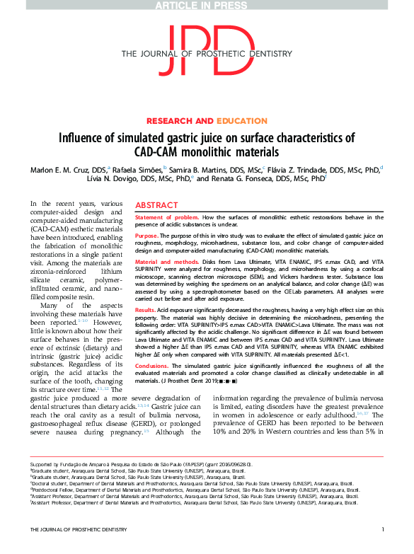 First page of “Influence of simulated gastric juice on surface characteristics of CAD-CAM monolithic materials”