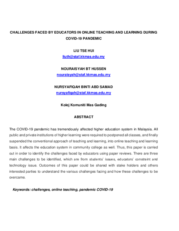 (PDF) CHALLENGES FACED BY EDUCATORS IN ONLINE TEACHING AND LEARNING ...