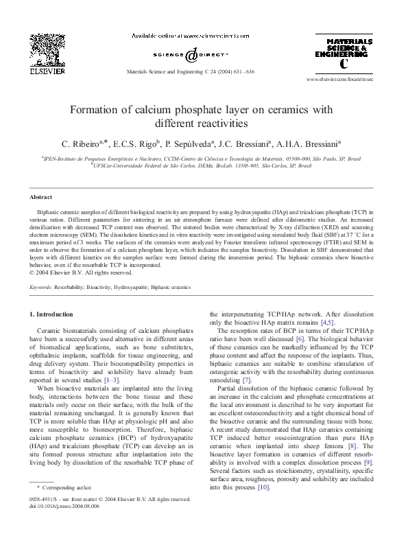 First page of “Formation of calcium phosphate layer on ceramics with different reactivities”
