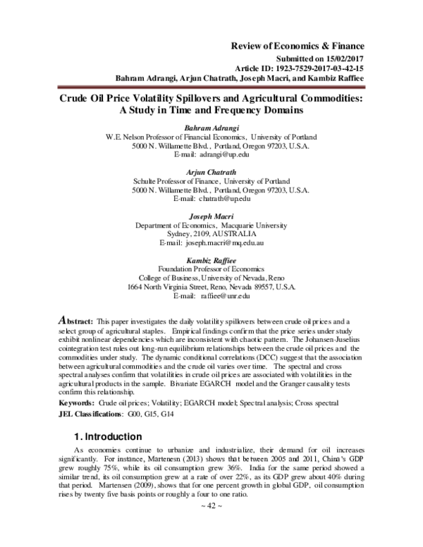 First page of “Crude Oil Price Volatility Spillovers and Agricultural Commodities: A Study in Time and Frequency Domains”