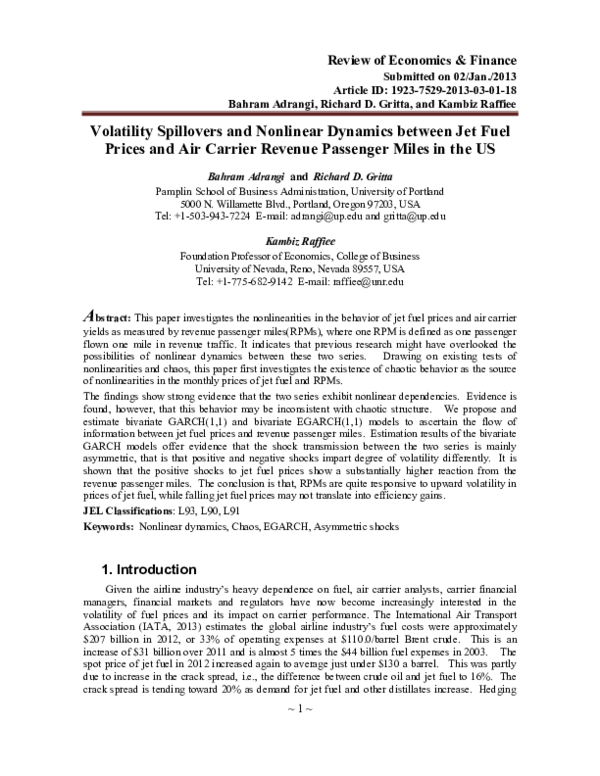 First page of “Volatility Spillovers and Nonlinear Dynamics between Jet Fuel Prices and Air Carrier Revenue Passenger Miles in the US”