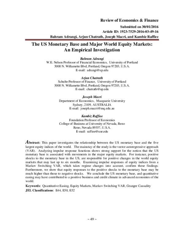 First page of “The US Monetary Base and Major World Equity Markets: An Empirical Investigation”