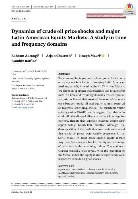 First page of “Dynamics of crude oil price shocks and major Latin American Equity Markets: A study in time and frequency domains”