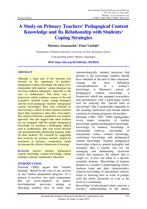 (PDF) A Study on Primary Teachers' Pedagogical Content Knowledge and ...