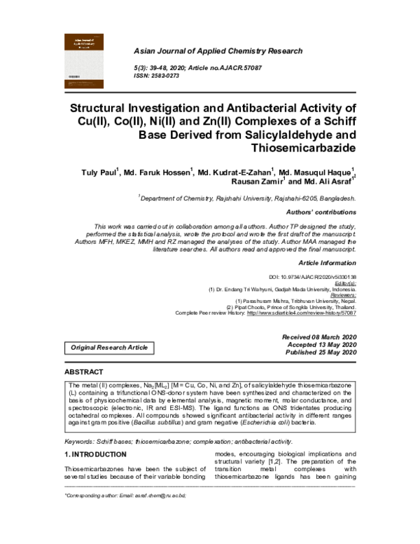 (PDF) Structural Investigation and Antibacterial Activity of Cu(II), Co ...