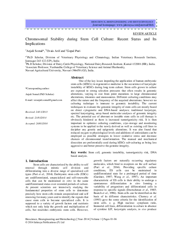 (PDF) Chromosomal Stability during Stem Cell Culture: Recent Status and ...