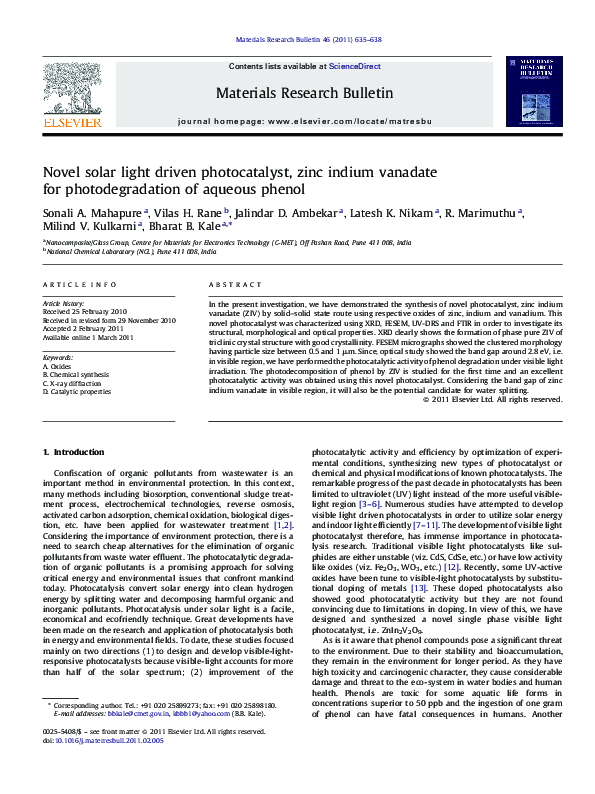 First page of “Novel solar light driven photocatalyst, zinc indium vanadate for photodegradation of aqueous phenol”