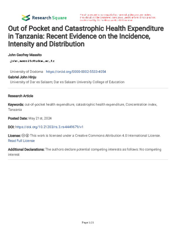 (PDF) Out of Pocket and Catastrophic Health Expenditure in Tanzania ...