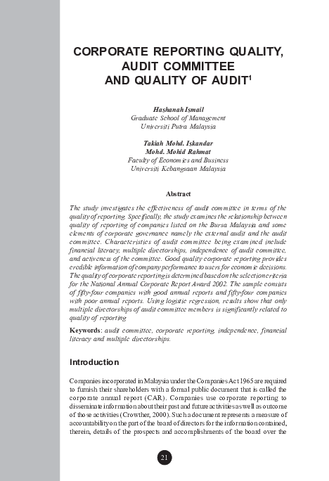 (PDF) Corporate Reporting Quality, Audit Committee and Quality Of Audit1