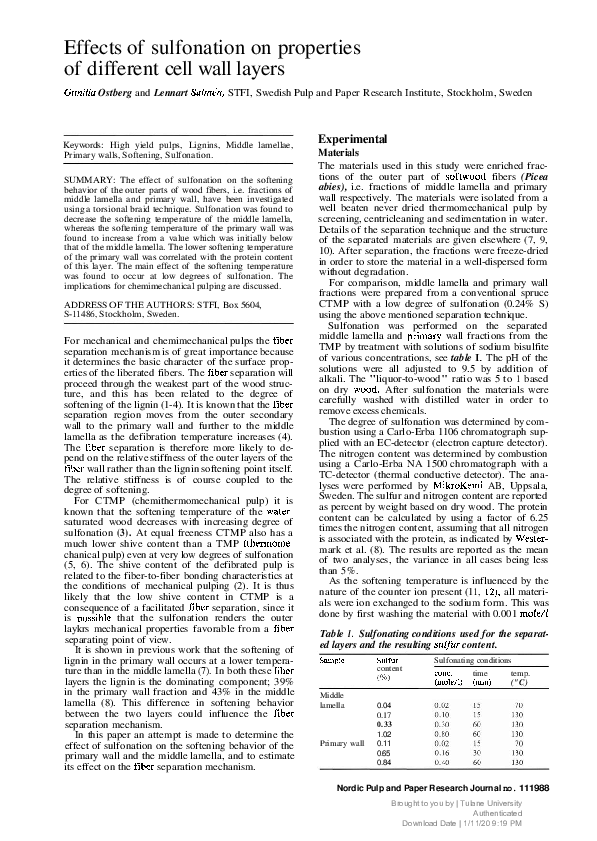 First page of “Effects of sulfonation on properties of different cell wall layers”